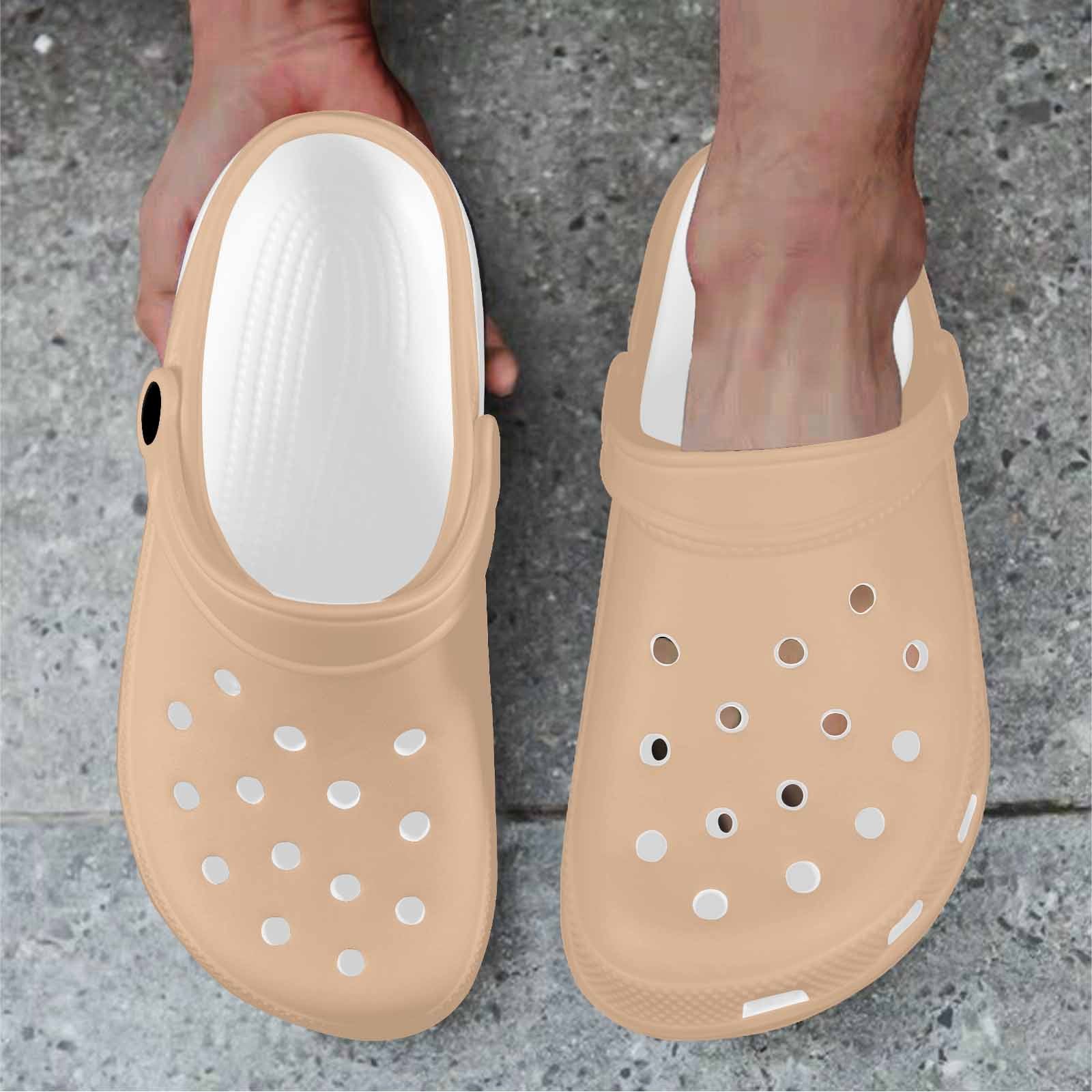 Pale brown custom print adults clogs featuring ventilation ports and pivoting heel straps for comfort and style.