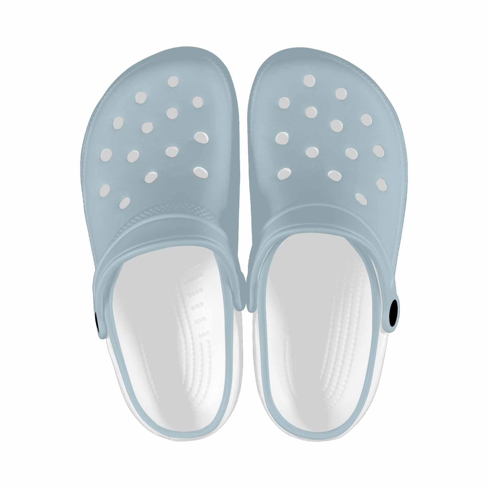 Pastel blue adult clogs made from lightweight EVA material, featuring ventilation ports and pivoting heel straps for a secure fit.