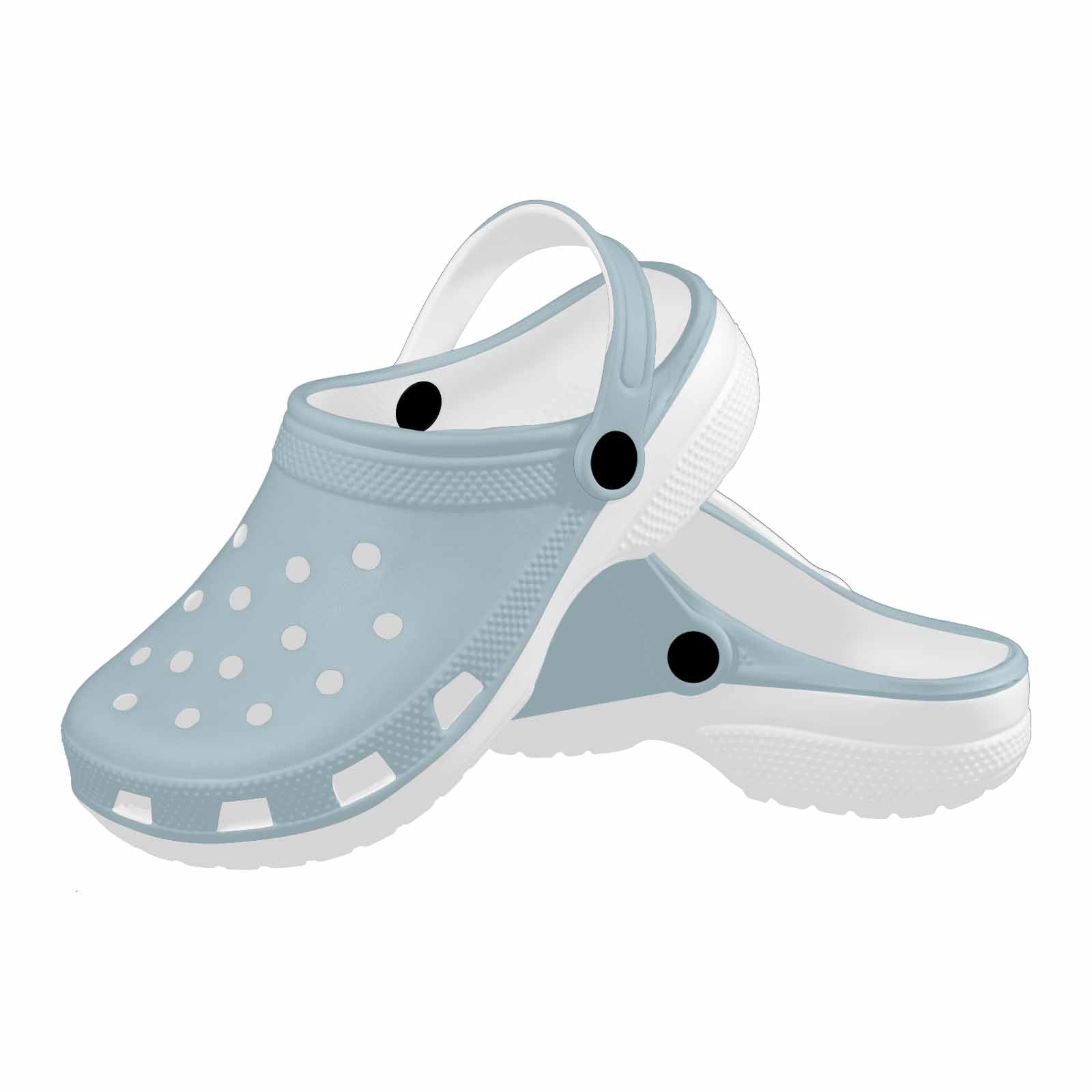 Pastel blue adult clogs made from lightweight EVA material, featuring ventilation ports and pivoting heel straps for a secure fit.