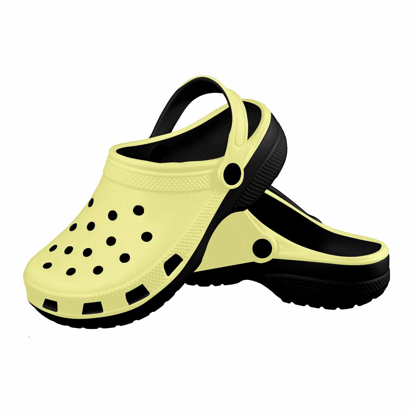 Pastel yellow adult clogs made from lightweight EVA material with ventilation ports and pivoting heel straps.