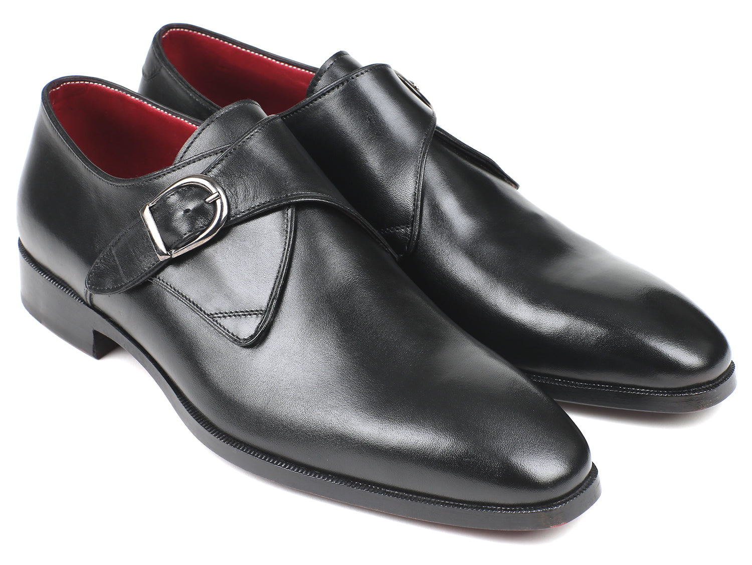 Paul Parkman Black Leather Single Monkstraps showcasing hand-painted calfskin leather with a plain toe design.