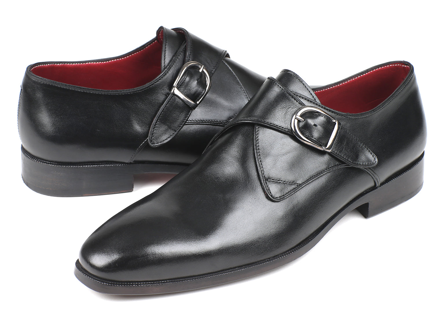 Paul Parkman Black Leather Single Monkstraps showcasing hand-painted calfskin leather with a plain toe design.