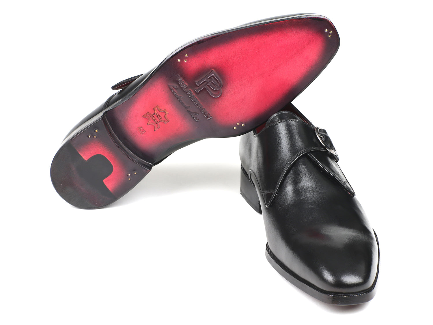 Paul Parkman Black Leather Single Monkstraps showcasing hand-painted calfskin leather with a plain toe design.