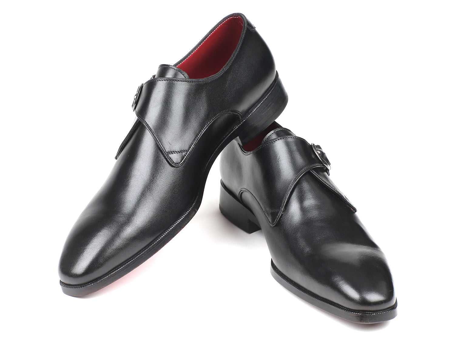 Paul Parkman Black Leather Single Monkstraps showcasing hand-painted calfskin leather with a plain toe design.