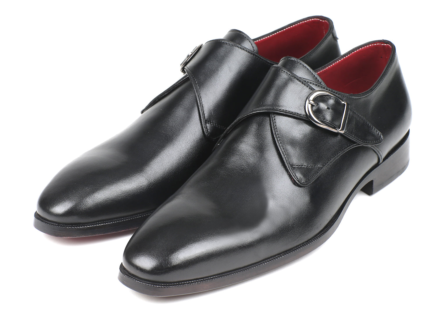 Paul Parkman Black Leather Single Monkstraps showcasing hand-painted calfskin leather with a plain toe design.