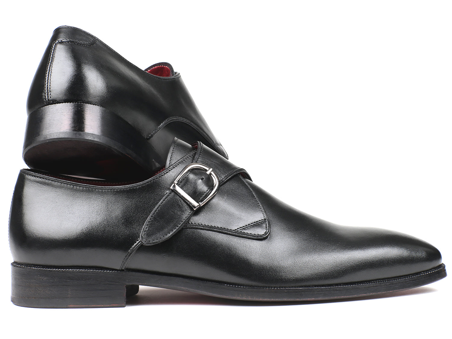 Paul Parkman Black Leather Single Monkstraps showcasing hand-painted calfskin leather with a plain toe design.