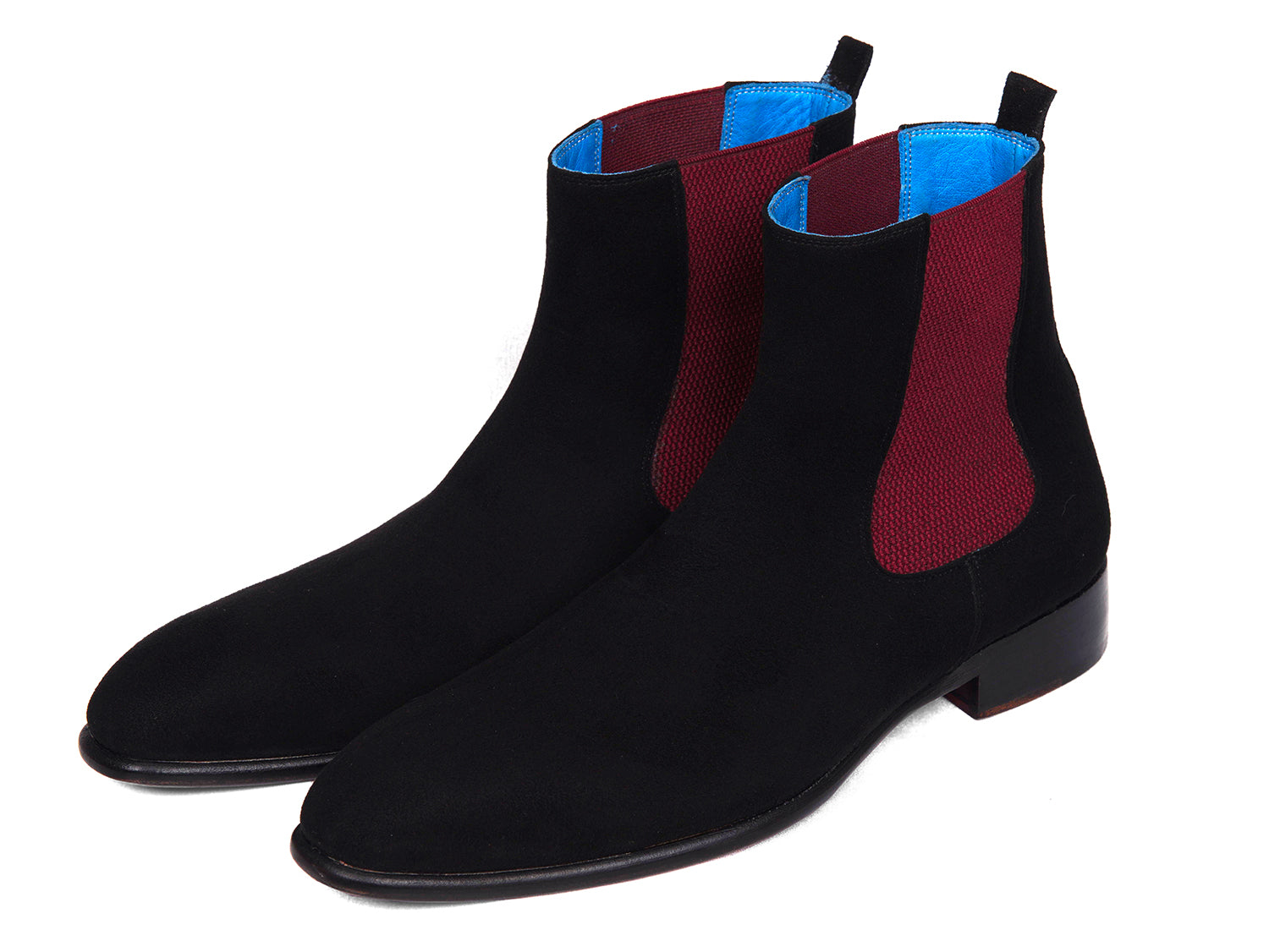 Paul Parkman Black Suede Chelsea Boots featuring a purple hand-painted sole and blue leather lining, showcasing luxury and craftsmanship.