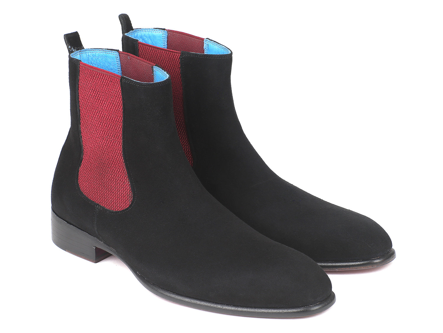 Paul Parkman Black Suede Chelsea Boots featuring a purple hand-painted sole and blue leather lining, showcasing luxury and craftsmanship.