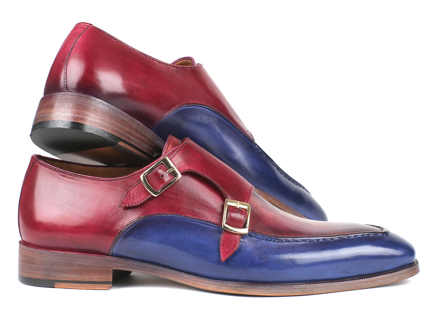 Paul Parkman Blue & Bordeaux Double Monkstraps showcasing hand-painted calfskin upper and antiqued leather sole.