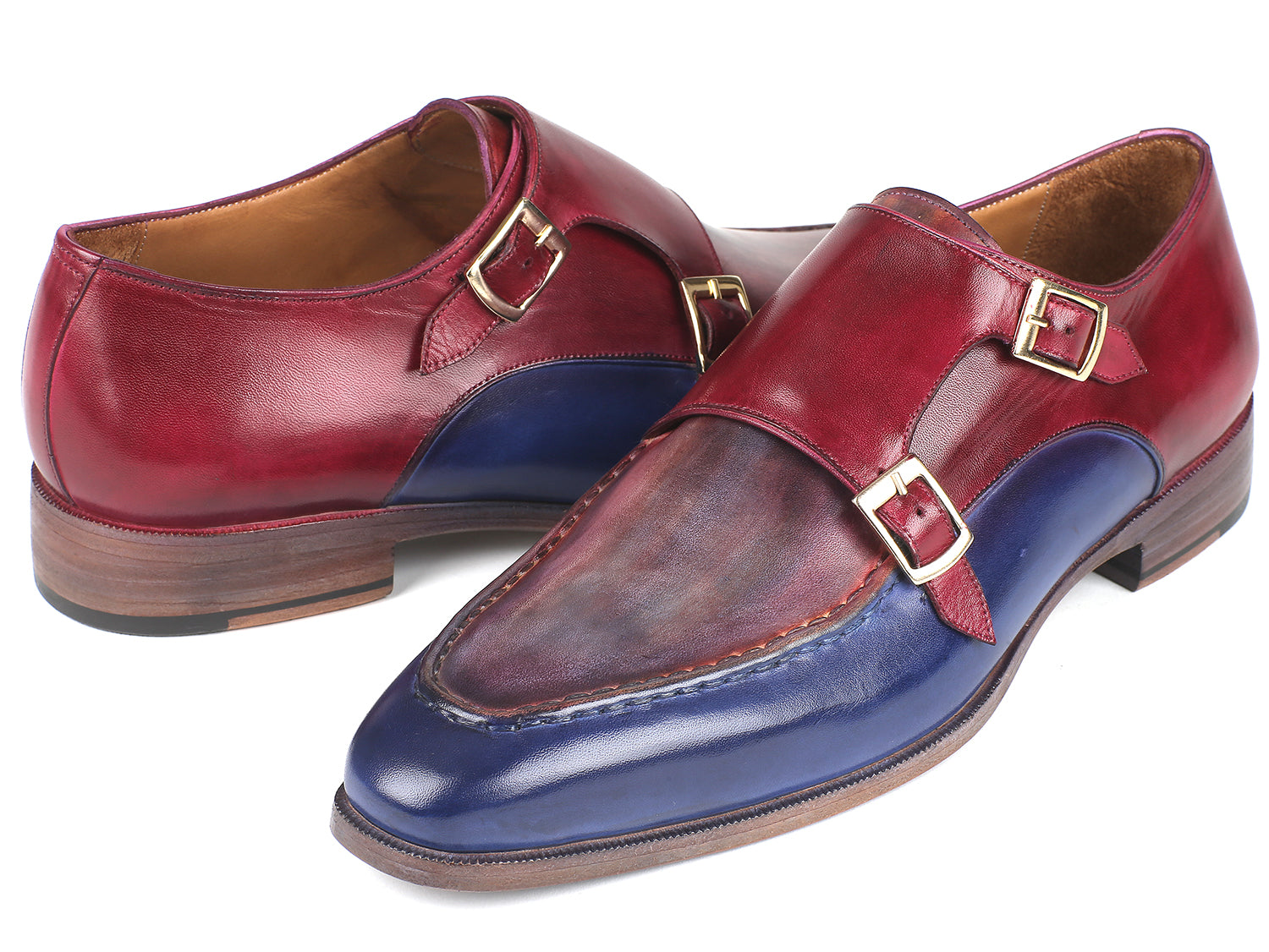 Paul Parkman Blue & Bordeaux Double Monkstraps showcasing hand-painted calfskin upper and antiqued leather sole.