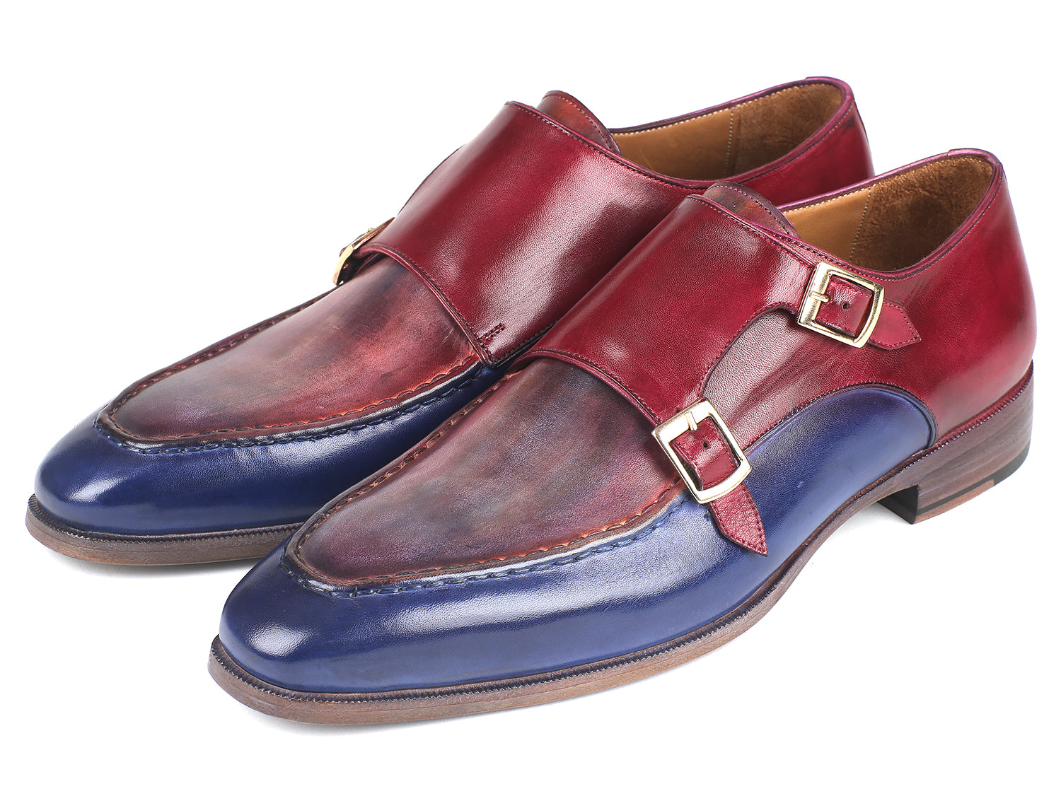 Paul Parkman Blue & Bordeaux Double Monkstraps showcasing hand-painted calfskin upper and antiqued leather sole.