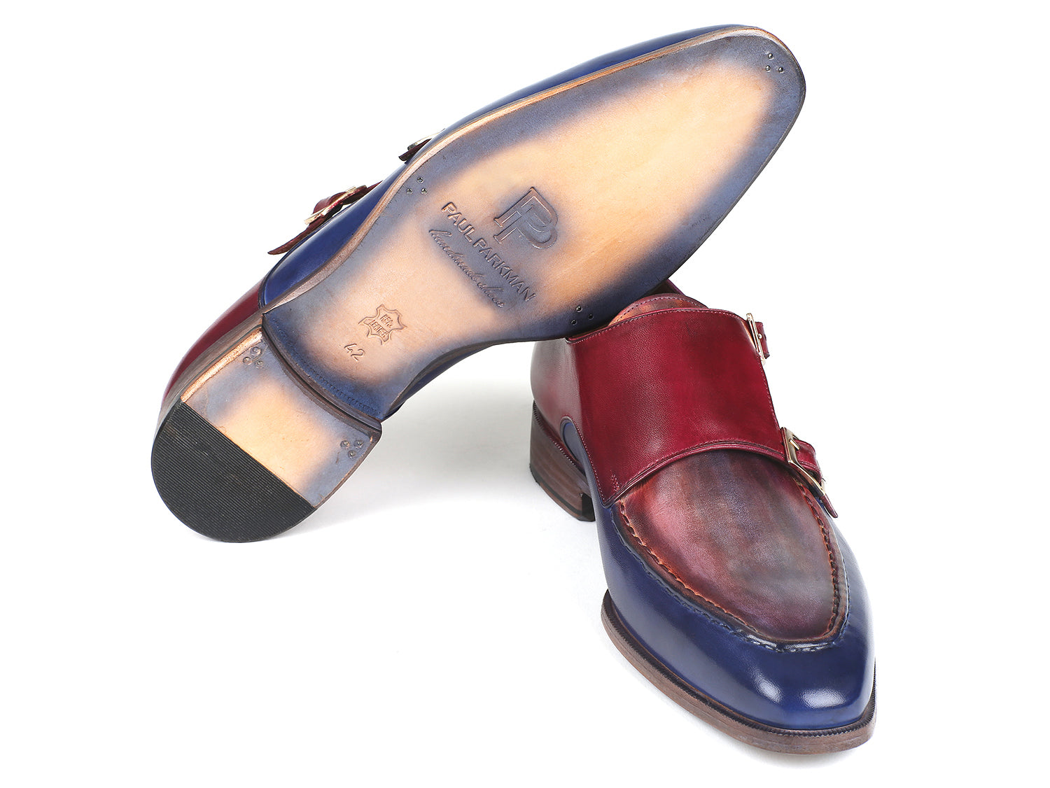 Paul Parkman Blue & Bordeaux Double Monkstraps showcasing hand-painted calfskin upper and antiqued leather sole.