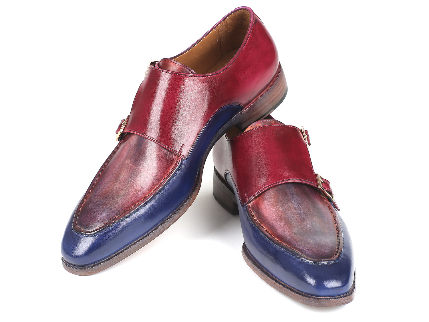 Paul Parkman Blue & Bordeaux Double Monkstraps showcasing hand-painted calfskin upper and antiqued leather sole.