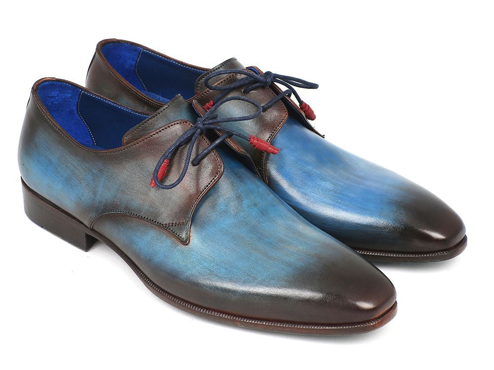 Paul Parkman Blue & Brown Hand-Painted Derby Shoes showcasing unique hues and leather craftsmanship.