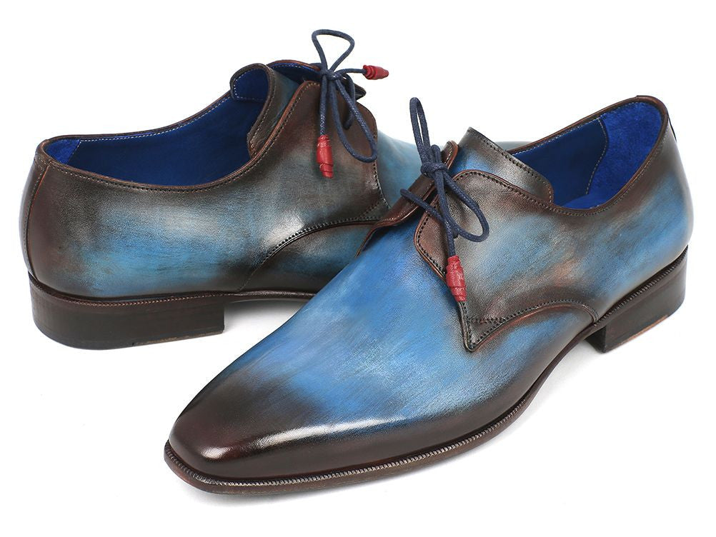 Paul Parkman Blue & Brown Hand-Painted Derby Shoes showcasing unique hues and leather craftsmanship.