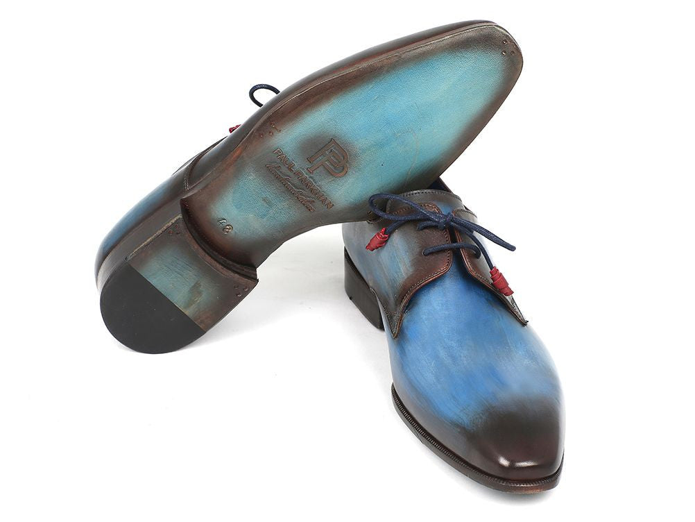 Paul Parkman Blue & Brown Hand-Painted Derby Shoes showcasing unique hues and leather craftsmanship.