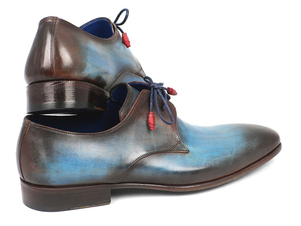 Paul Parkman Blue & Brown Hand-Painted Derby Shoes showcasing unique hues and leather craftsmanship.