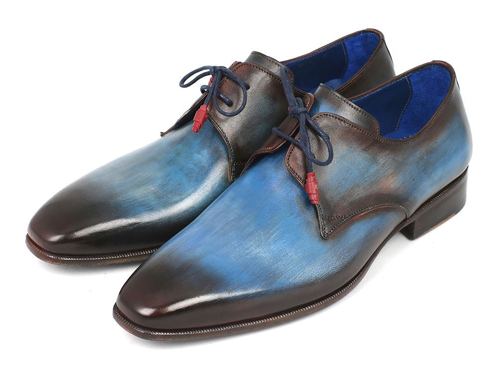 Paul Parkman Blue & Brown Hand-Painted Derby Shoes showcasing unique hues and leather craftsmanship.