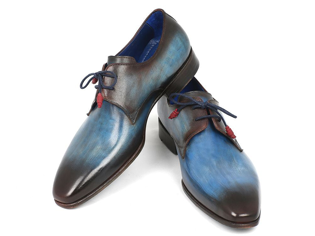 Paul Parkman Blue & Brown Hand-Painted Derby Shoes showcasing unique hues and leather craftsmanship.