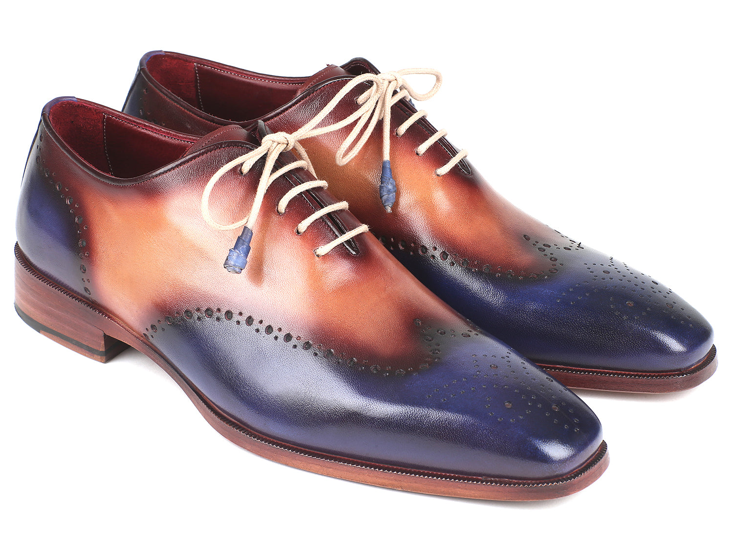 Paul Parkman Blue & Camel Wingtip Oxfords showcasing hand-painted leather upper and antiqued leather sole.