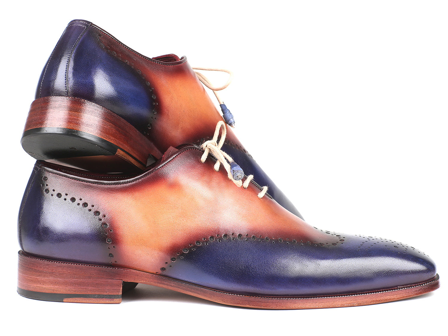 Paul Parkman Blue & Camel Wingtip Oxfords showcasing hand-painted leather upper and antiqued leather sole.