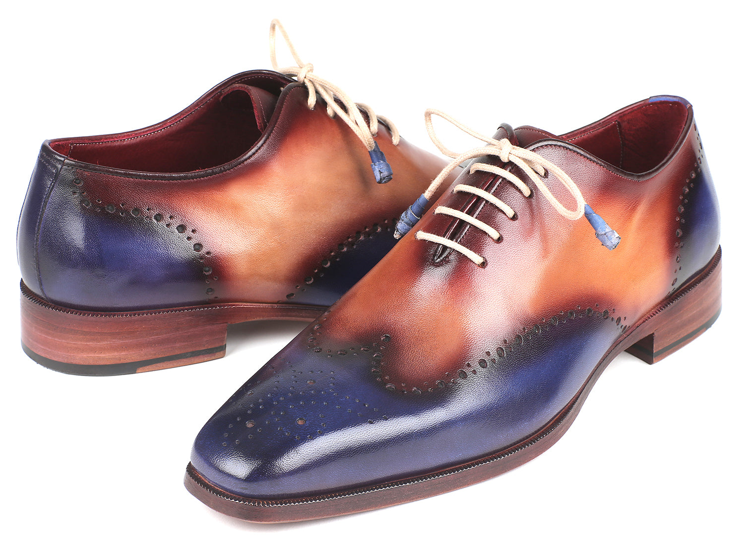 Paul Parkman Blue & Camel Wingtip Oxfords showcasing hand-painted leather upper and antiqued leather sole.