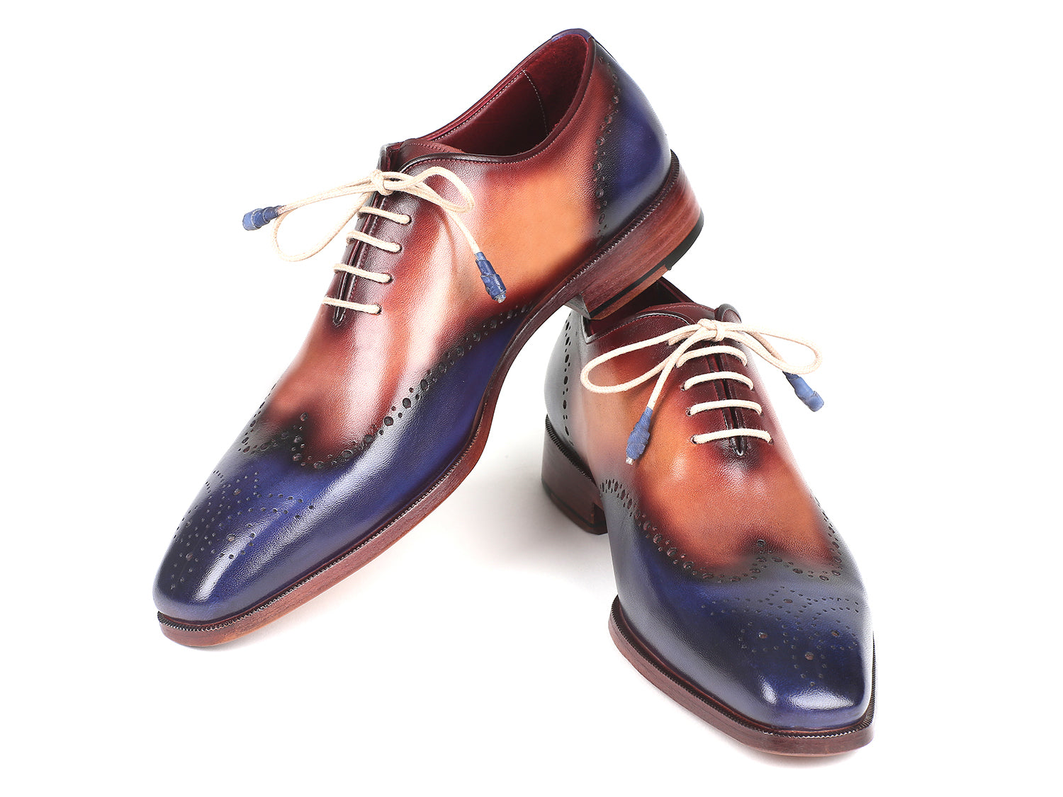 Paul Parkman Blue & Camel Wingtip Oxfords showcasing hand-painted leather upper and antiqued leather sole.