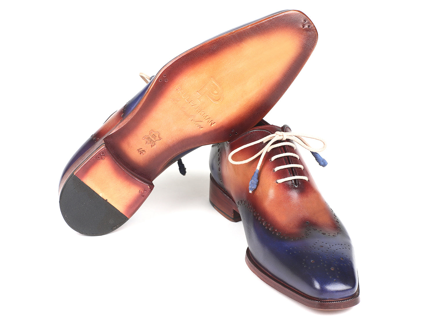 Paul Parkman Blue & Camel Wingtip Oxfords showcasing hand-painted leather upper and antiqued leather sole.