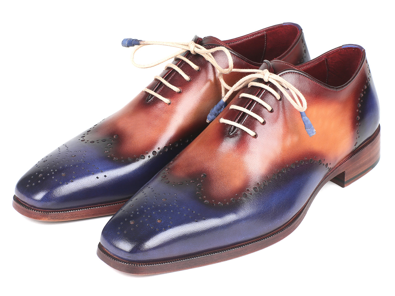 Paul Parkman Blue & Camel Wingtip Oxfords showcasing hand-painted leather upper and antiqued leather sole.