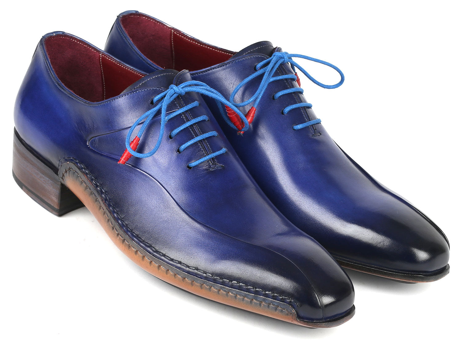 Paul Parkman Blue Leather Oxford Shoes featuring hand-painted calfskin and twisted leather sole, showcasing exquisite craftsmanship.