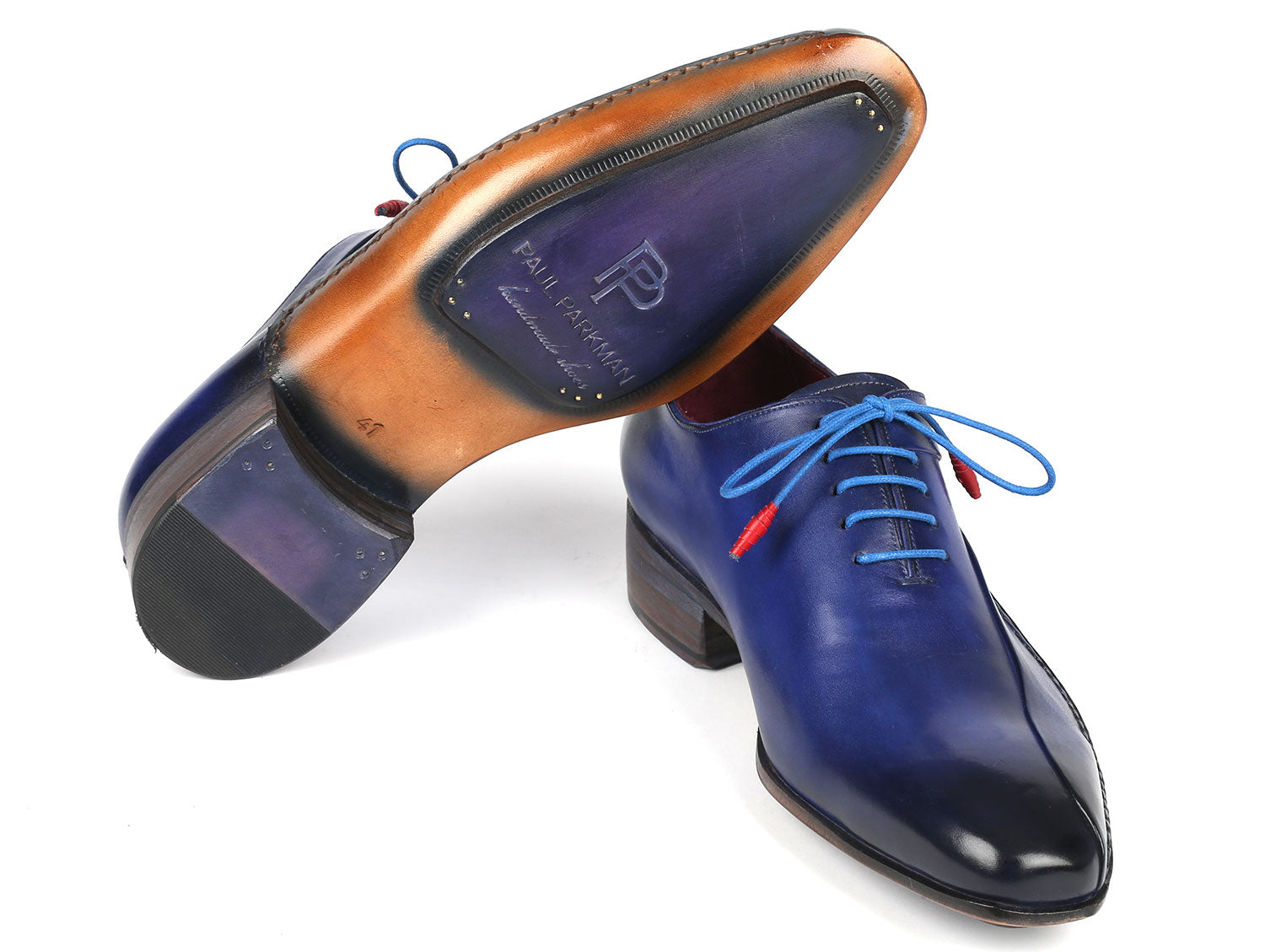 Paul Parkman Blue Leather Oxford Shoes featuring hand-painted calfskin and twisted leather sole, showcasing exquisite craftsmanship.