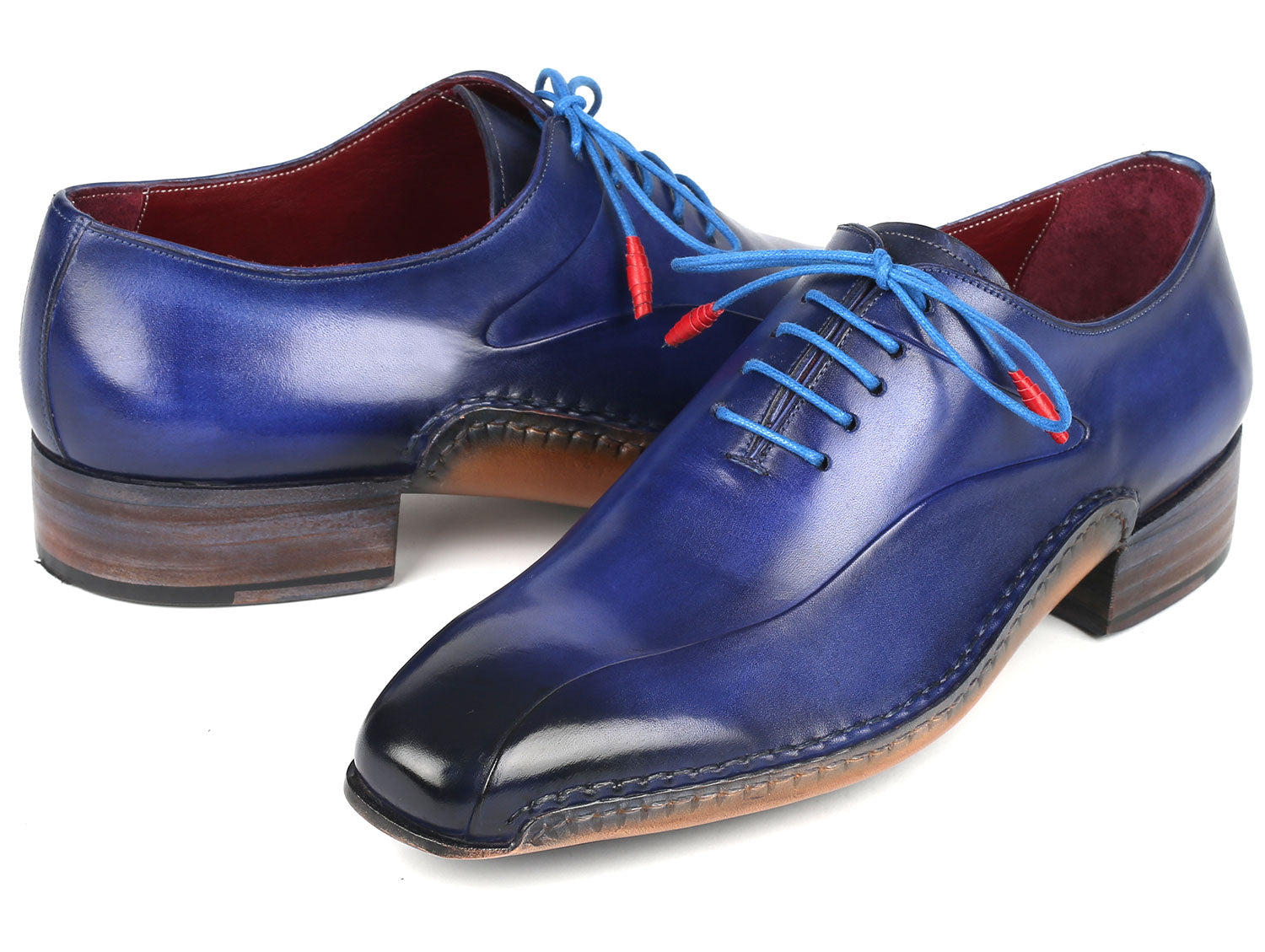 Paul Parkman Blue Leather Oxford Shoes featuring hand-painted calfskin and twisted leather sole, showcasing exquisite craftsmanship.