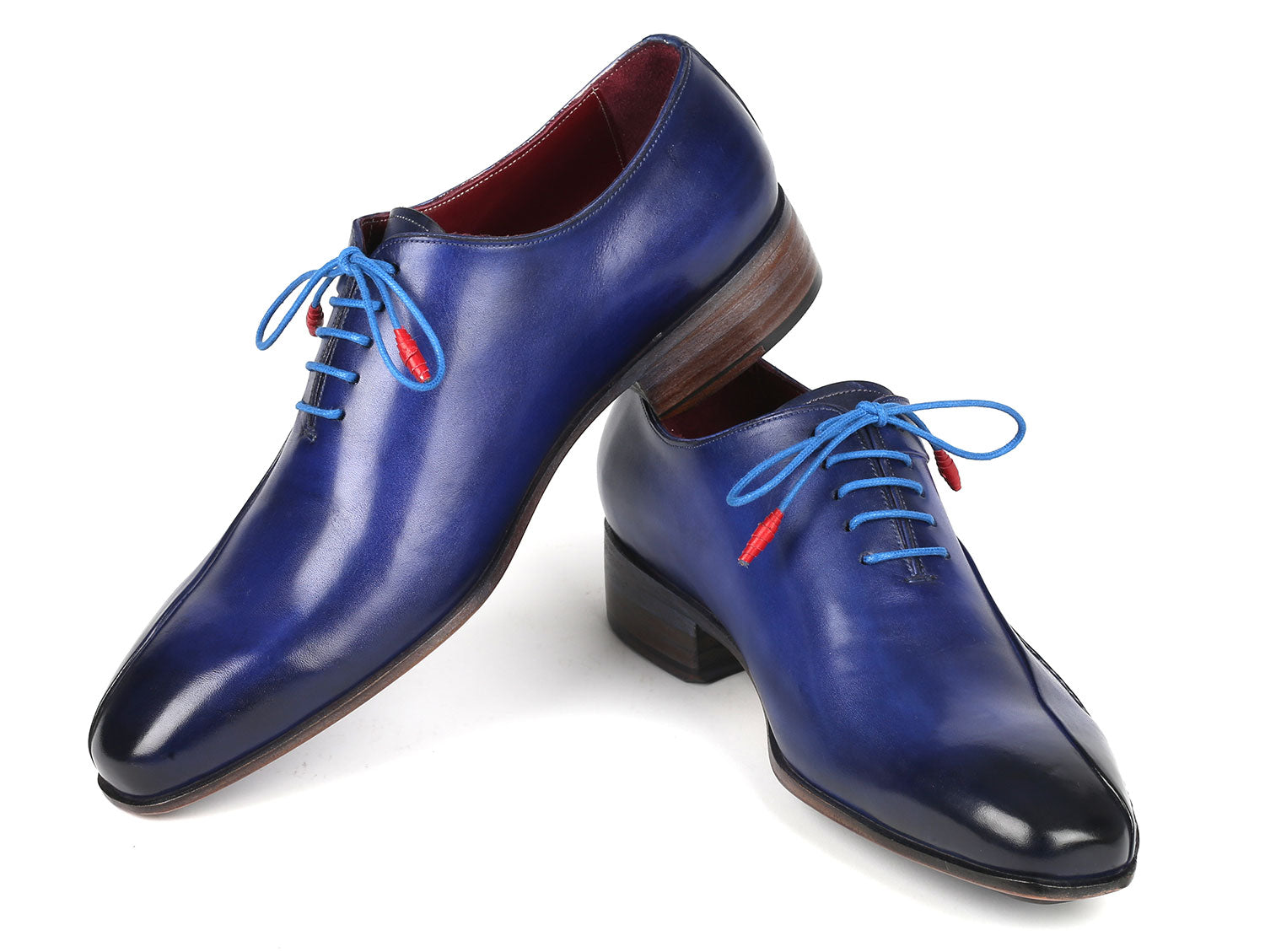 Paul Parkman Blue Leather Oxford Shoes featuring hand-painted calfskin and twisted leather sole, showcasing exquisite craftsmanship.