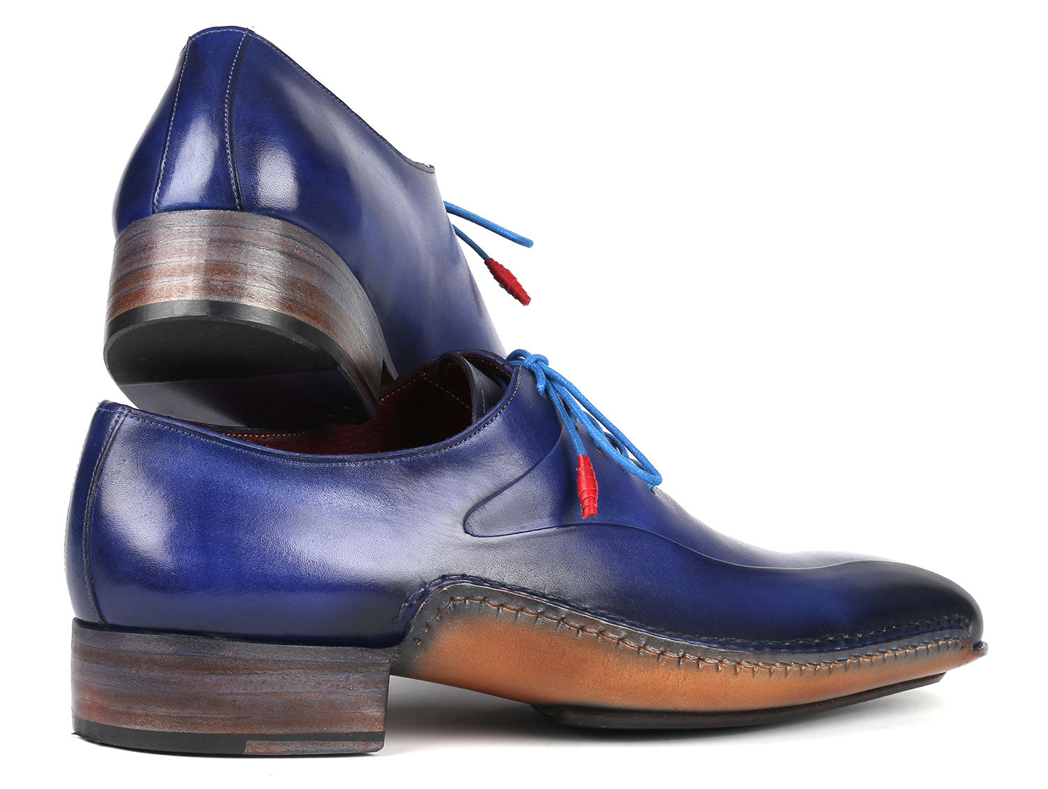 Paul Parkman Blue Leather Oxford Shoes featuring hand-painted calfskin and twisted leather sole, showcasing exquisite craftsmanship.