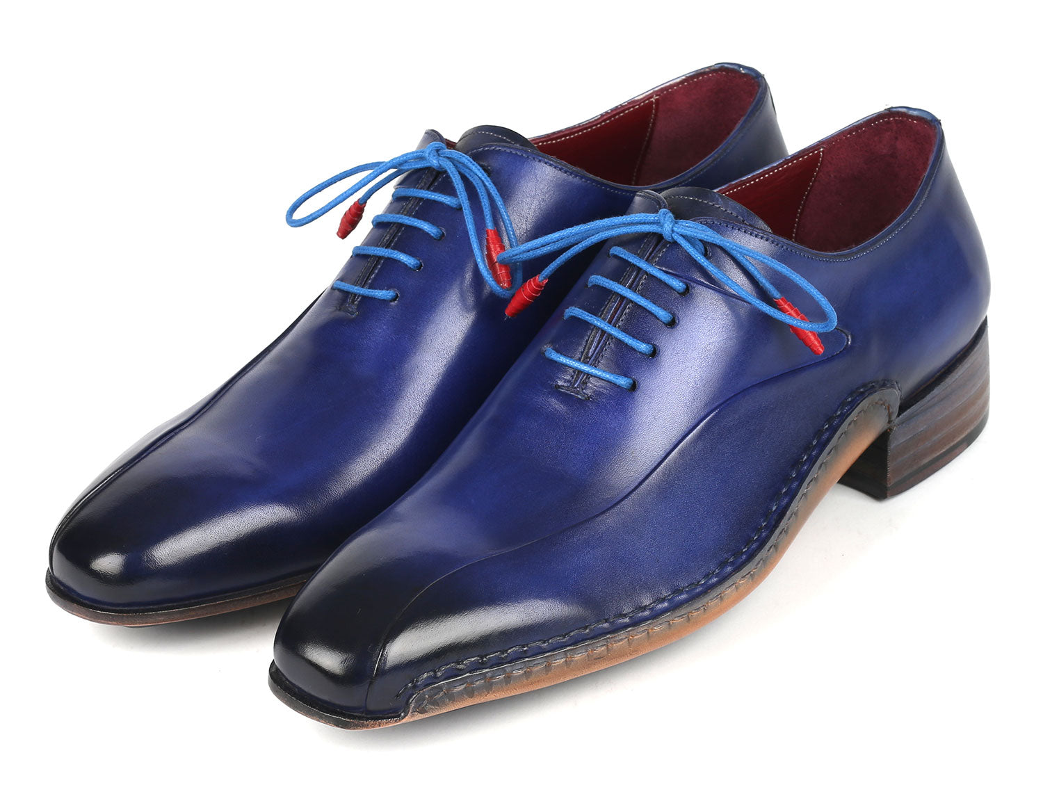 Paul Parkman Blue Leather Oxford Shoes featuring hand-painted calfskin and twisted leather sole, showcasing exquisite craftsmanship.