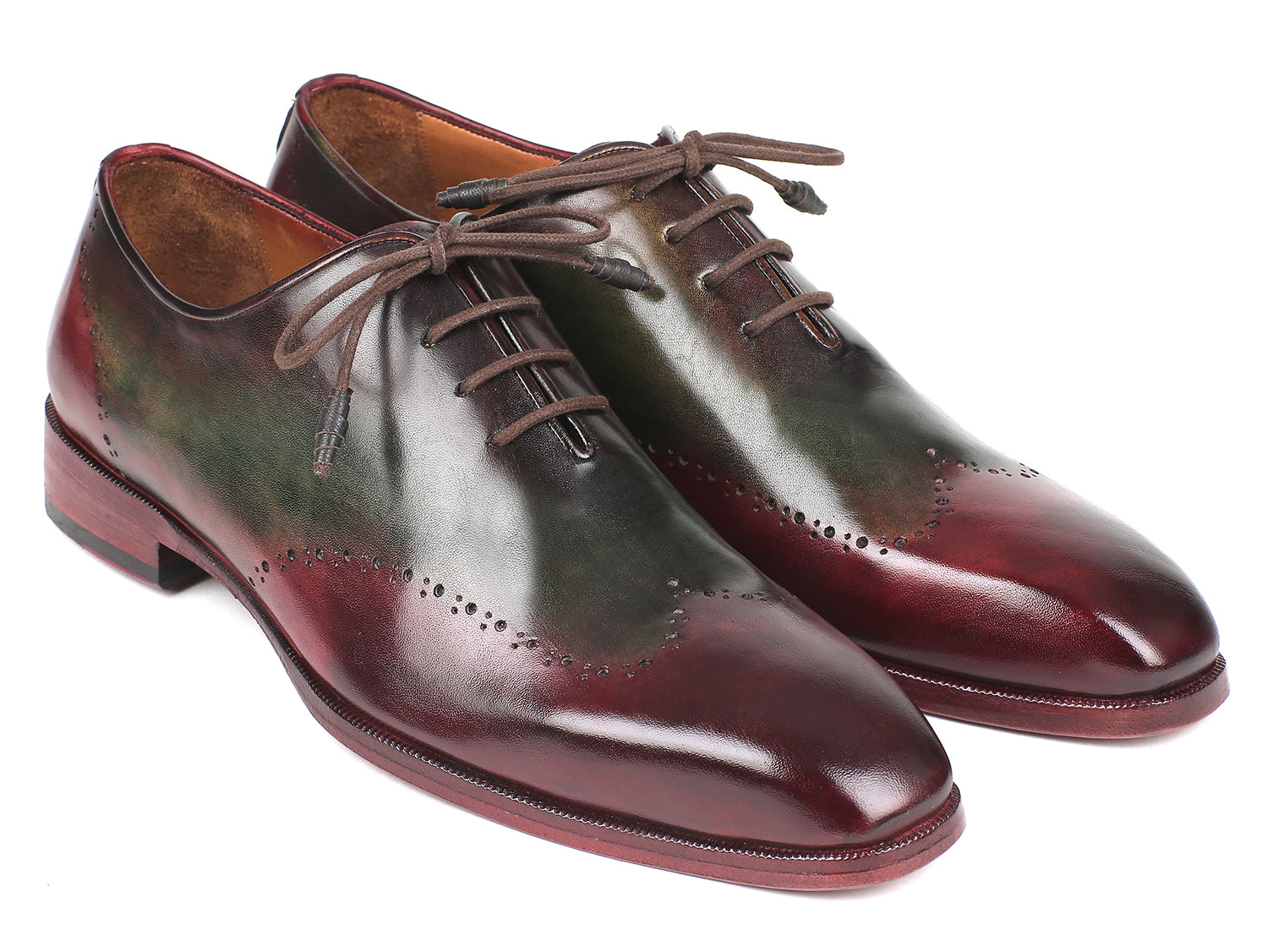 Paul Parkman Bordeaux and Green Wingtip Oxfords showcasing hand-painted leather and unique brogue detailing.