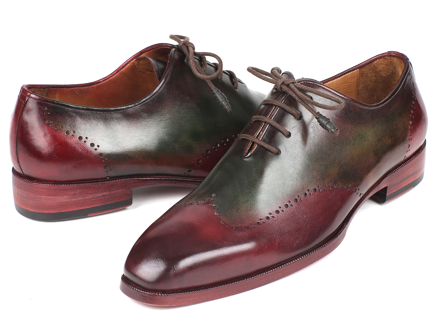 Paul Parkman Bordeaux and Green Wingtip Oxfords showcasing hand-painted leather and unique brogue detailing.