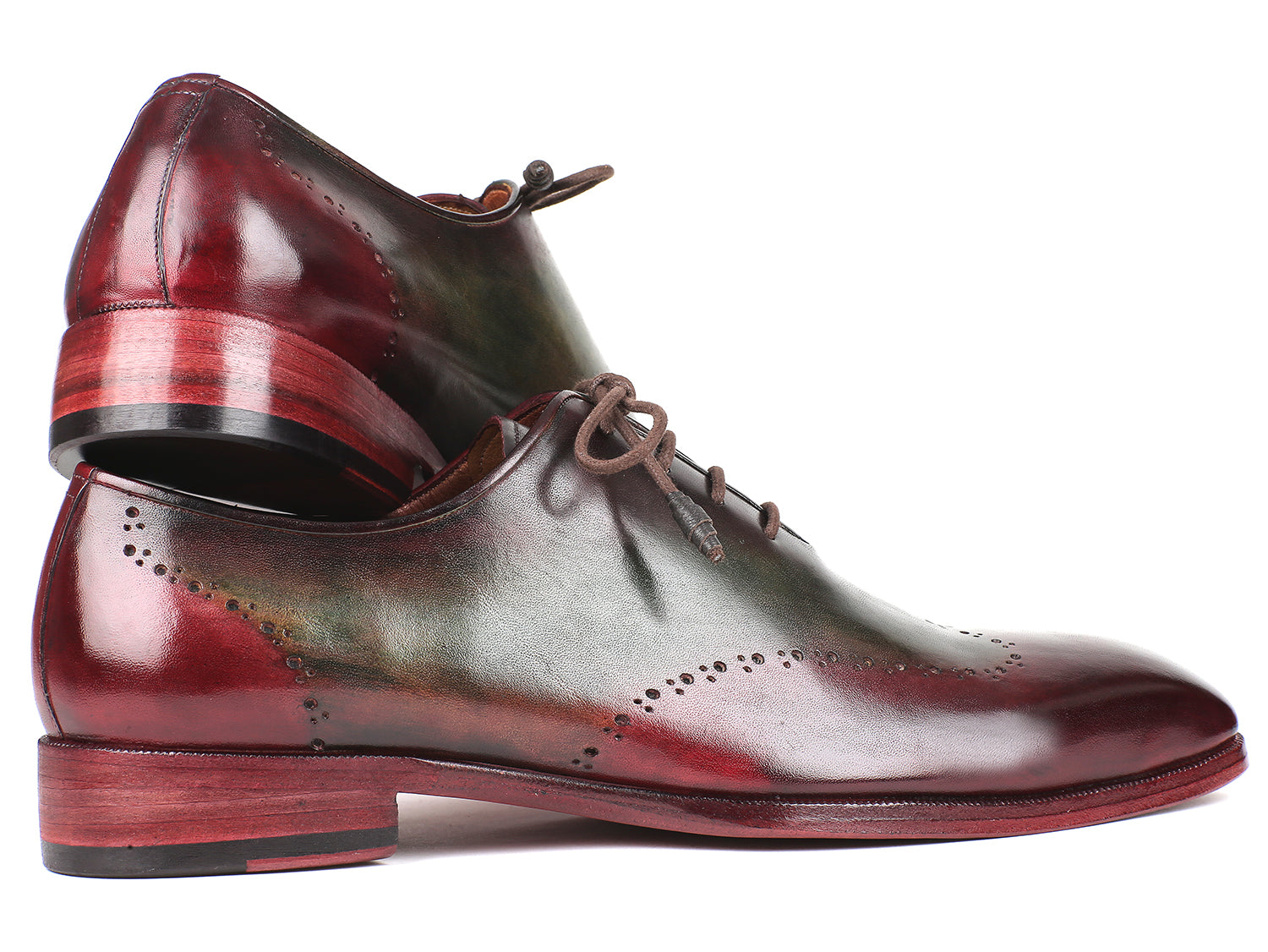 Paul Parkman Bordeaux and Green Wingtip Oxfords showcasing hand-painted leather and unique brogue detailing.