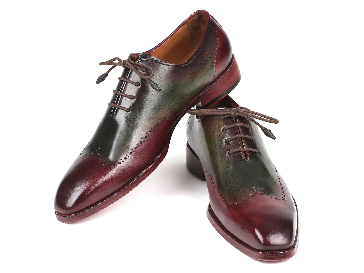 Paul Parkman Bordeaux and Green Wingtip Oxfords showcasing hand-painted leather and unique brogue detailing.