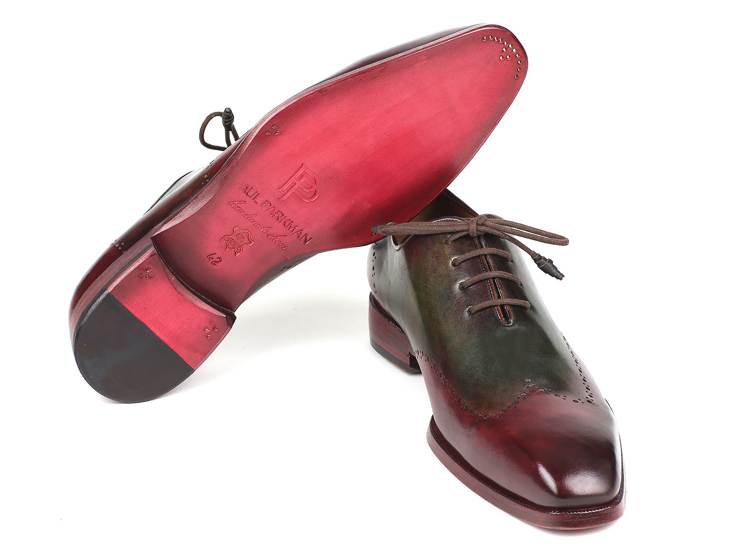 Paul Parkman Bordeaux and Green Wingtip Oxfords showcasing hand-painted leather and unique brogue detailing.