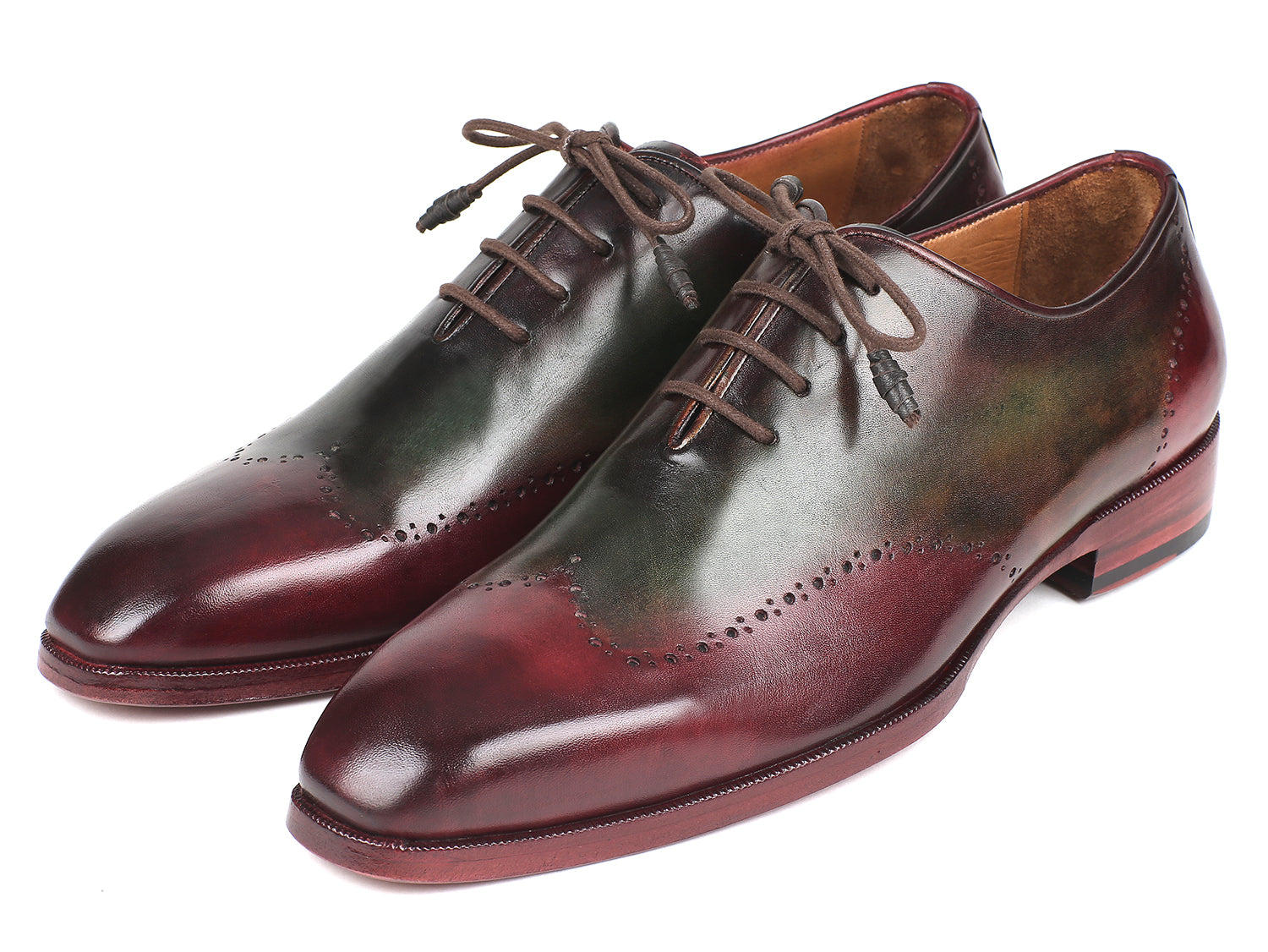 Paul Parkman Bordeaux and Green Wingtip Oxfords showcasing hand-painted leather and unique brogue detailing.