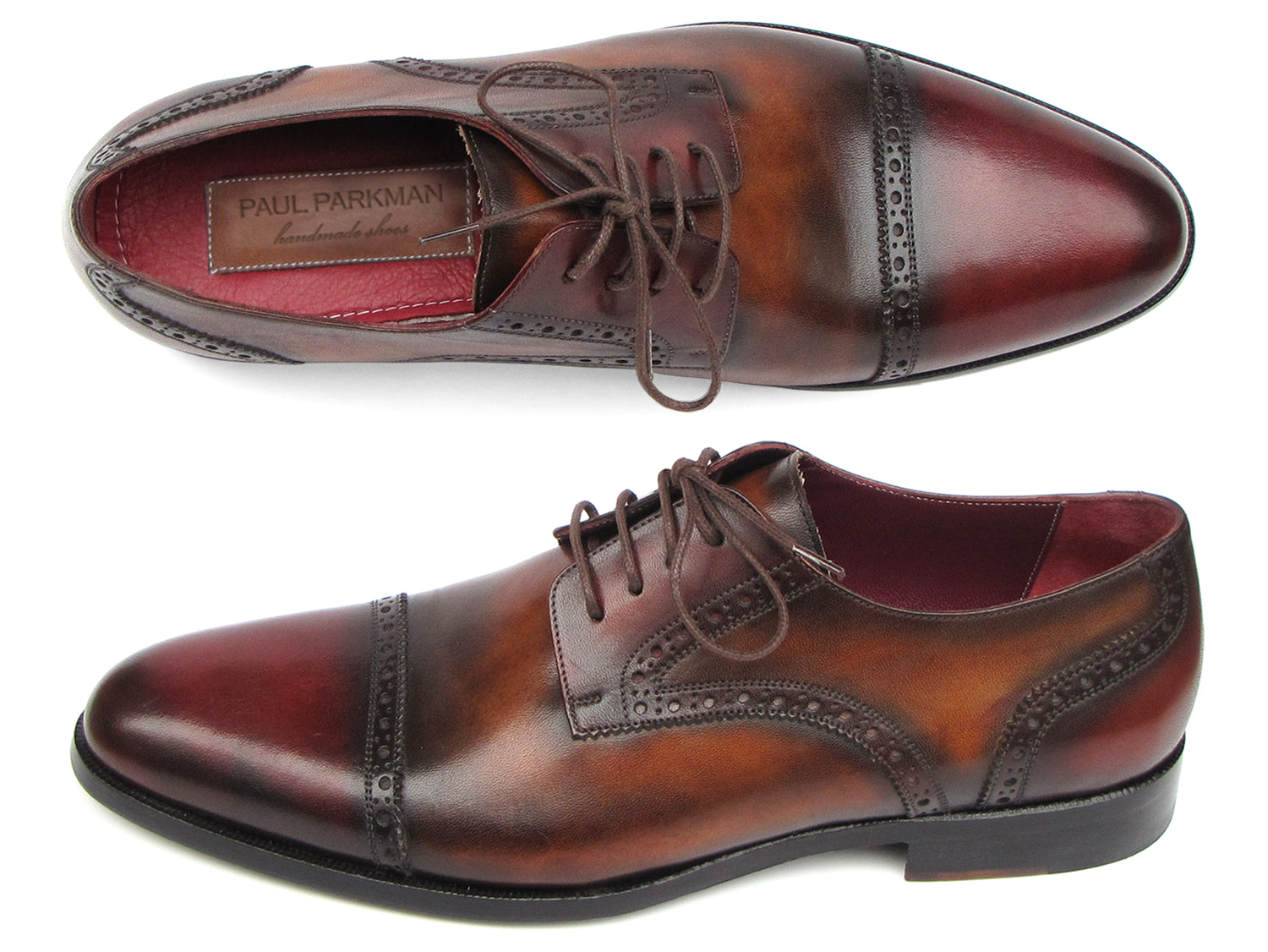 Paul Parkman Bordeaux and Tobacco Derby Shoes featuring hand-painted leather upper and antique burnished sole.