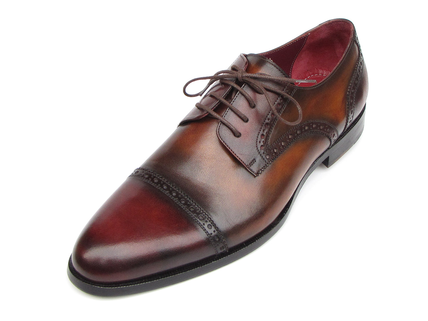 Paul Parkman Bordeaux and Tobacco Derby Shoes featuring hand-painted leather upper and antique burnished sole.