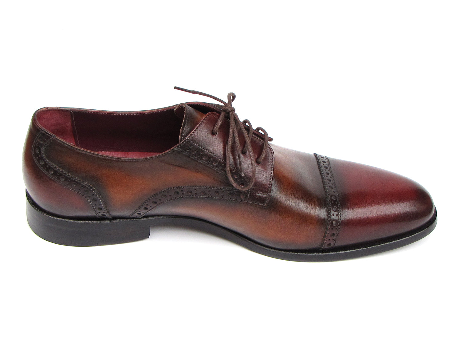 Paul Parkman Bordeaux and Tobacco Derby Shoes featuring hand-painted leather upper and antique burnished sole.