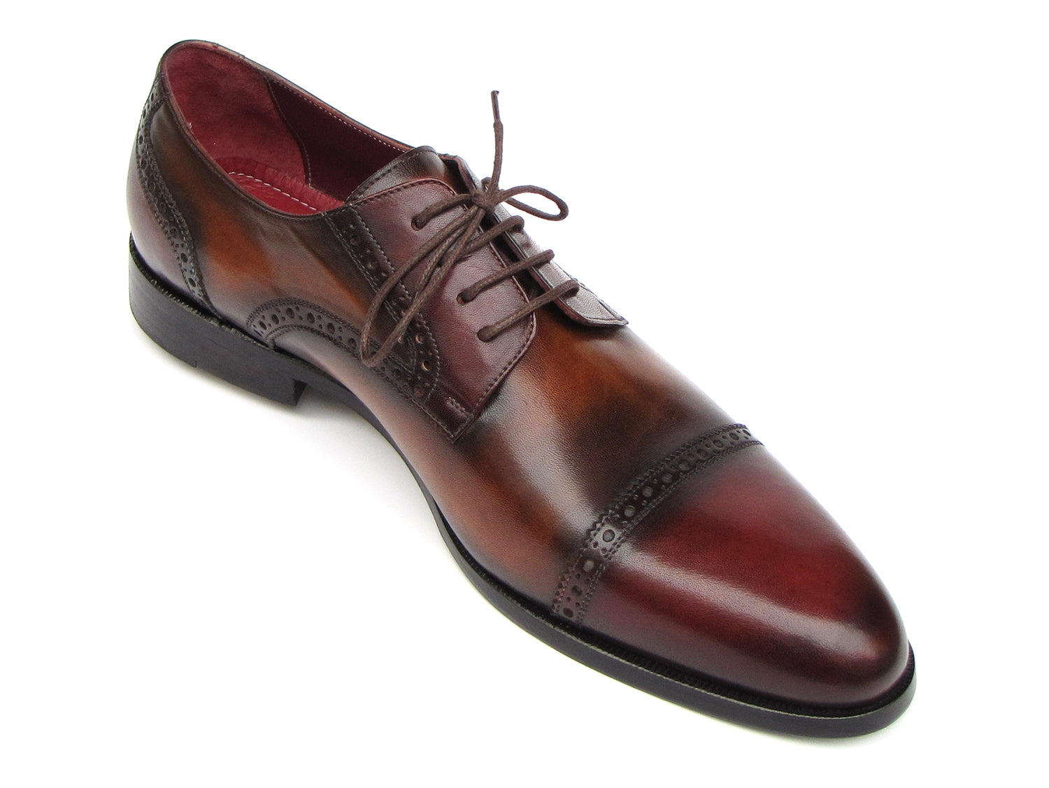 Paul Parkman Bordeaux and Tobacco Derby Shoes featuring hand-painted leather upper and antique burnished sole.