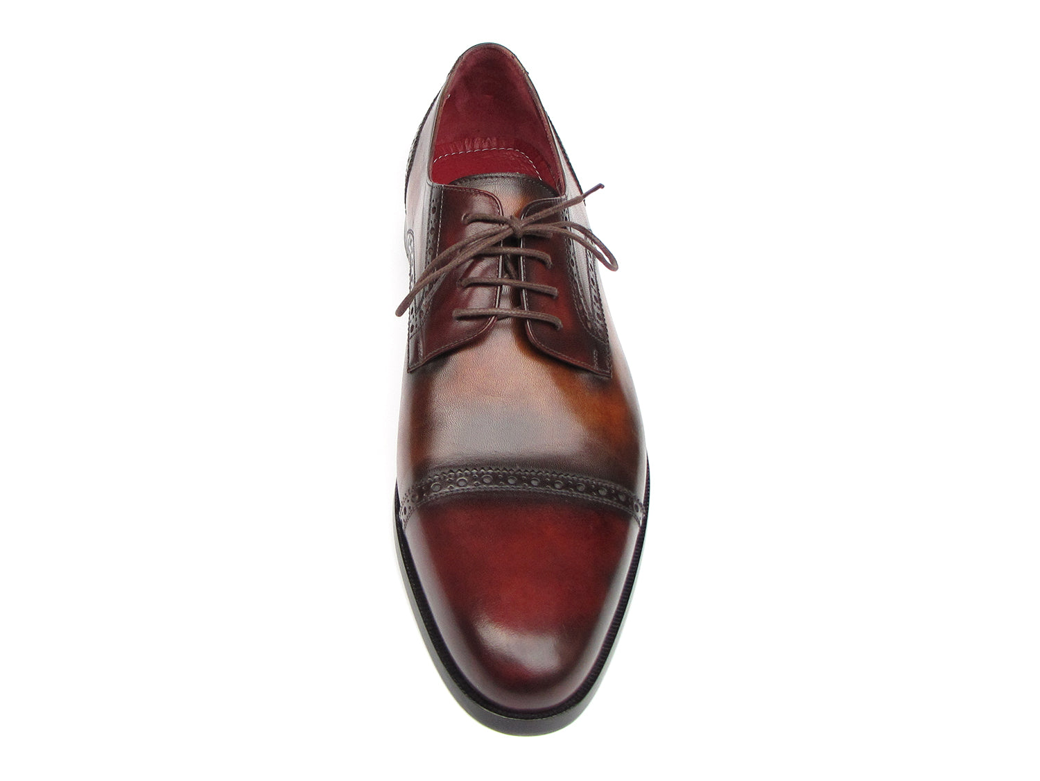 Paul Parkman Bordeaux and Tobacco Derby Shoes featuring hand-painted leather upper and antique burnished sole.