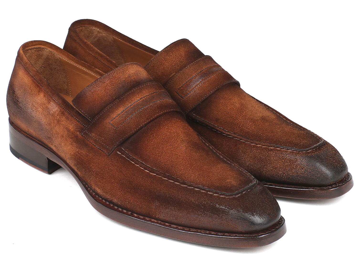 Paul Parkman Brown Antique Suede Goodyear Welted Loafers showcasing antiqued brown suede upper and natural burnished leather sole.