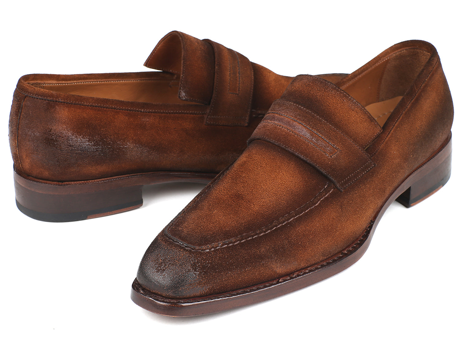 Paul Parkman Brown Antique Suede Goodyear Welted Loafers showcasing antiqued brown suede upper and natural burnished leather sole.