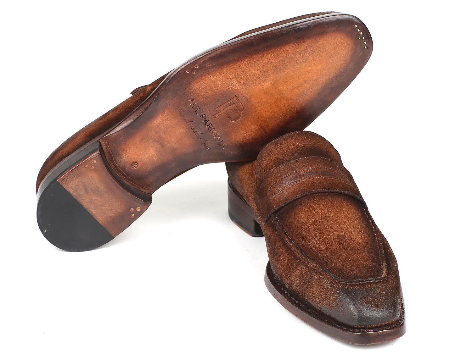 Paul Parkman Brown Antique Suede Goodyear Welted Loafers showcasing antiqued brown suede upper and natural burnished leather sole.