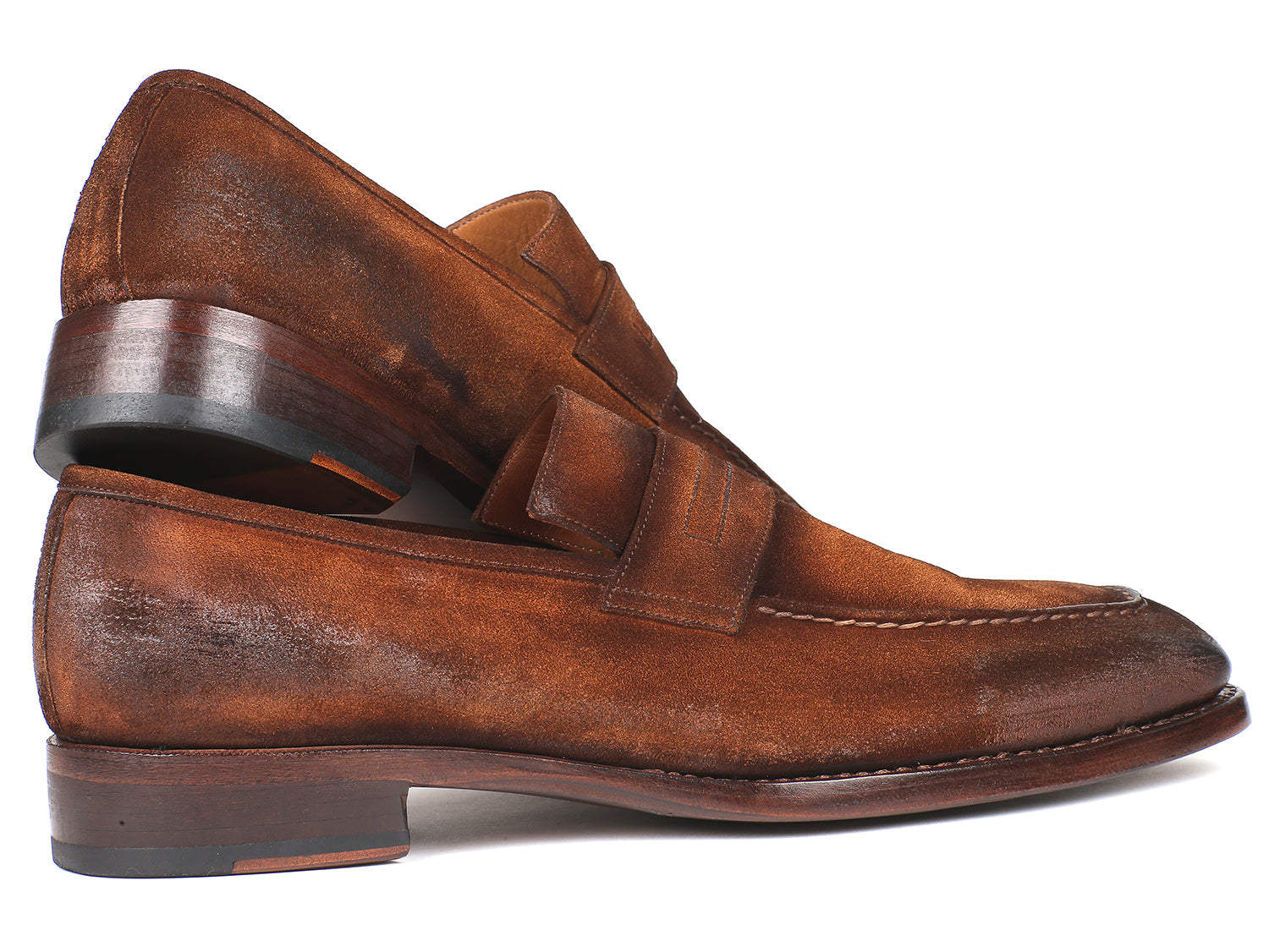 Paul Parkman Brown Antique Suede Goodyear Welted Loafers showcasing antiqued brown suede upper and natural burnished leather sole.